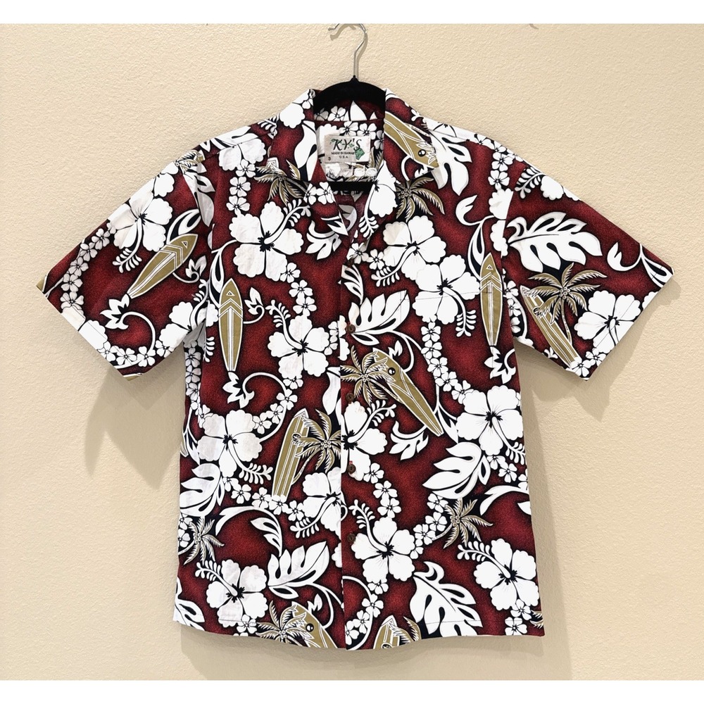 KY'S Made in Hawaii Men's Size S Red Floral Surfboard Print Short Sleeve Shirt *